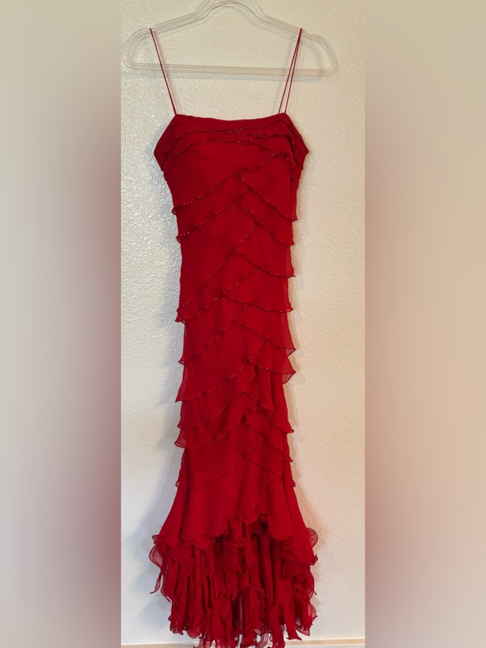TERANI COUTURE 100% Silk Ruffle Maxi Dress in Red